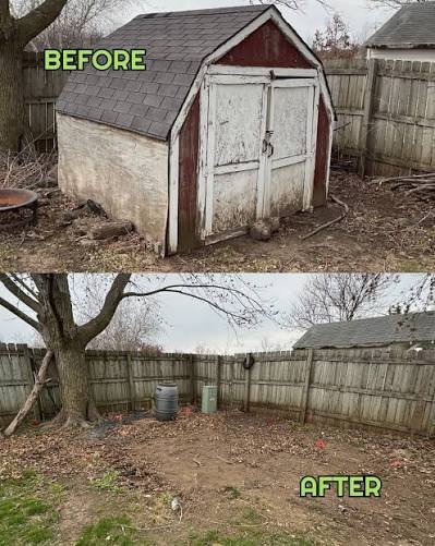 Before and after: a small gambrel shed demolished and the corner of the yard cleared. Shed demolition from Vince's California contracting years, 2020.